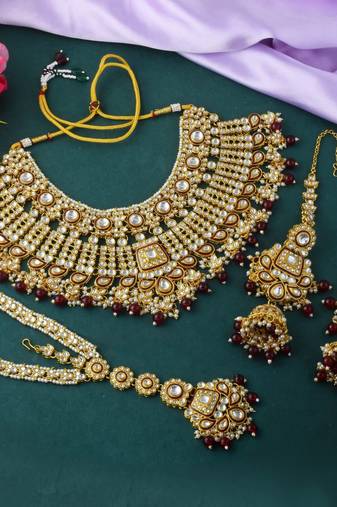 Premium maroon color kundan necklace set for elegant occasions