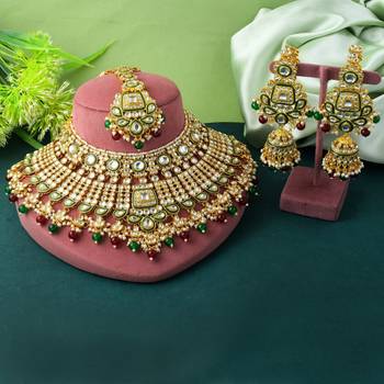 Bridal maroon & green color kundan necklace set for special events 1