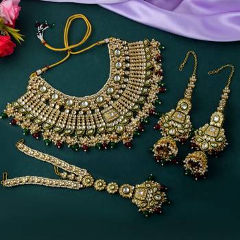 Bridal maroon & green color kundan necklace set for special events 2