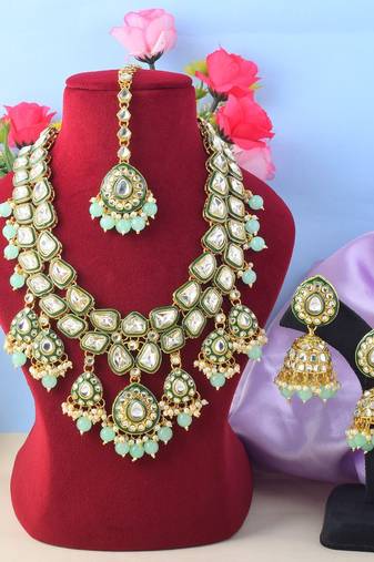 Unique pista green color kundan necklace set for festival wear