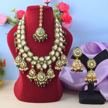 Bridal maroon & green color kundan necklace set with stone design 1