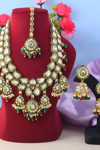 Bridal maroon & green color kundan necklace set with stone design