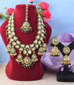 Bridal maroon & green color kundan necklace set with stone design