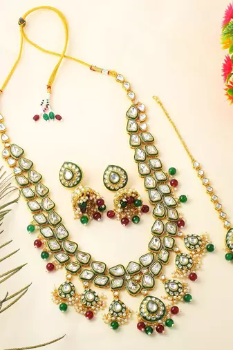 Bridal maroon & green color kundan necklace set with stone design