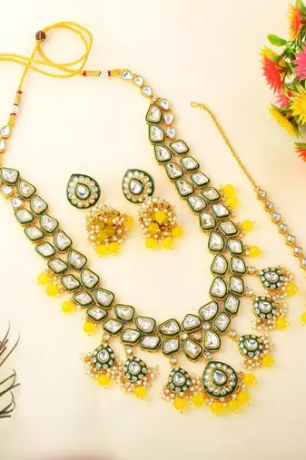 Vibrant yellow color kundan necklace set for cultural functions