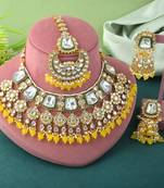 Sunshine yellow color kundan necklace set for daytime events