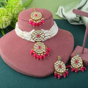 Traditional rani color choker kundan necklace set for festive vibes 1