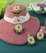 Dual maroon & green color choker kundan necklace set for weddings
