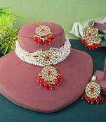 Vibrant red color choker kundan necklace set with classic embellishment
