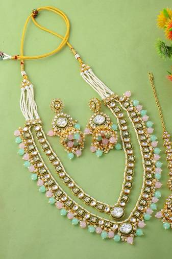 Stylish pink & pista green color kundan necklace set for bride