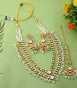 Stylish pink & pista green color kundan necklace set for bride
