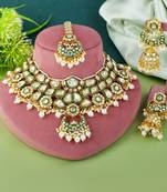 Bright white color kundan necklace set with handcrafted finish