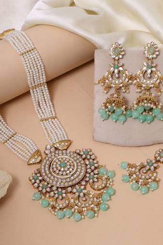 Pista green color kundan necklace set