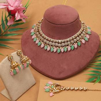 Pink & pista green color kundan necklace set 1