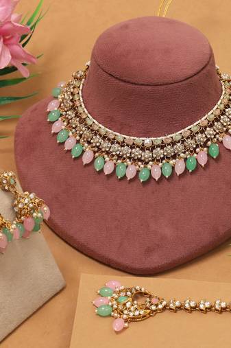 Pink & pista green color kundan necklace set