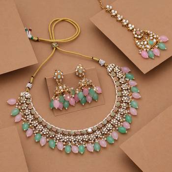 Pink & pista green color kundan necklace set 2