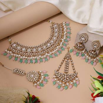 Pink & pista green color kundan necklace set 1