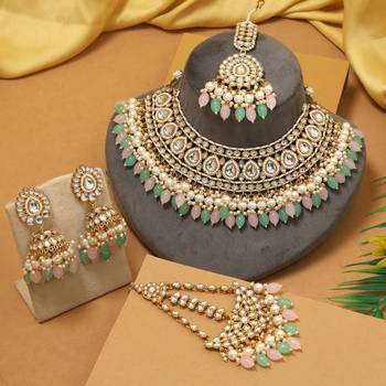 Pink & pista green color kundan necklace set 2