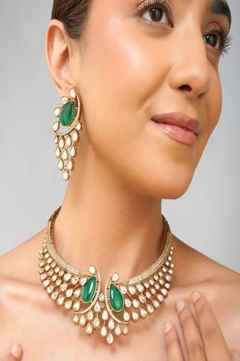 Gold plated kundan green stone necklace set