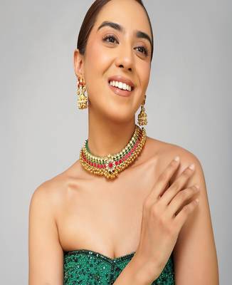 Gold plated kundan multicolor stone necklace set 1