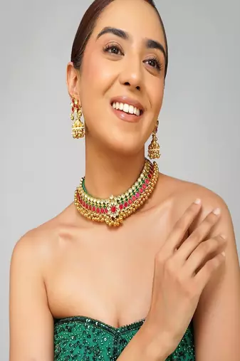 Gold plated kundan multicolor stone necklace set