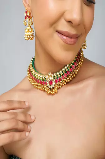 Gold plated kundan multicolor stone necklace set