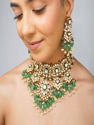 Gold plated kundan green stone necklace set 1