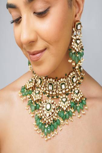 Gold plated kundan green stone necklace set