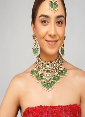 Gold plated kundan green stone necklace set 2