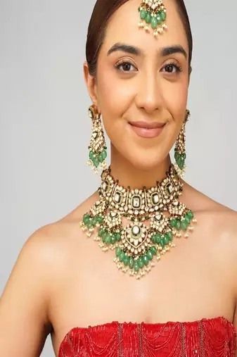 Gold plated kundan green stone necklace set