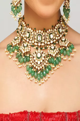 Gold plated kundan green stone necklace set
