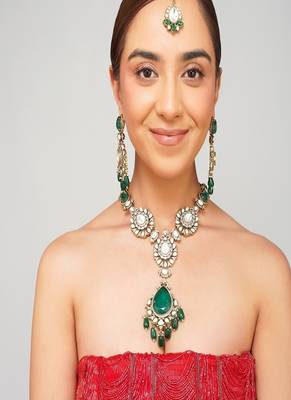 Gold plated kundan green stone necklace set 1