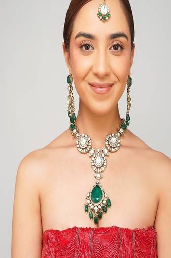 Gold plated kundan green stone necklace set