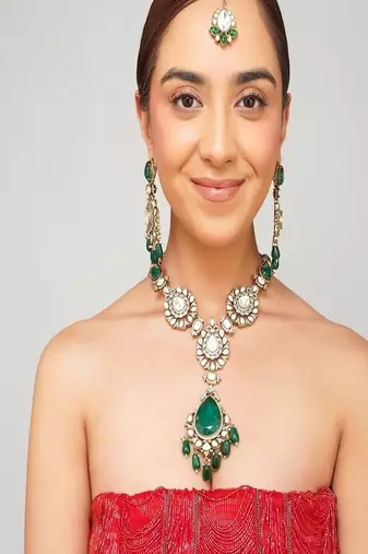 Gold plated kundan green stone necklace set