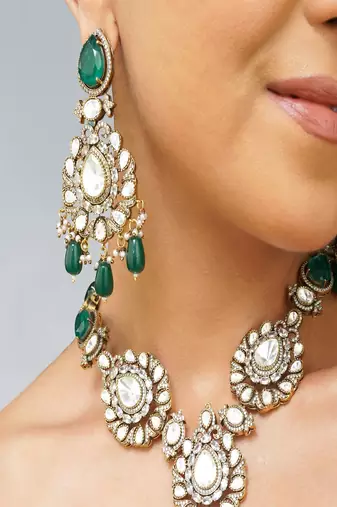 Gold plated kundan green stone necklace set
