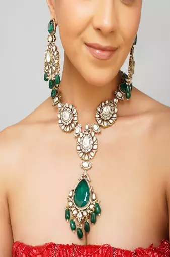 Gold plated kundan green stone necklace set