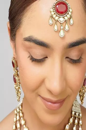 Gold plated kundan red stone necklace set