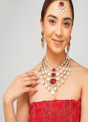 Gold plated kundan red stone necklace set 1