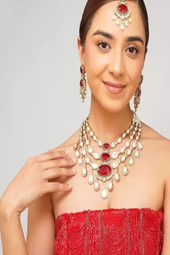 Gold plated kundan red stone necklace set