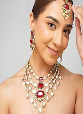 Gold plated kundan red stone necklace set 3