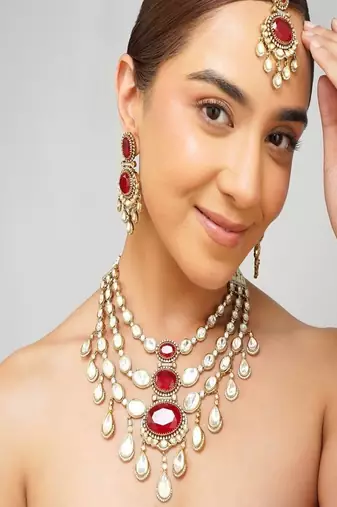 Gold plated kundan red stone necklace set
