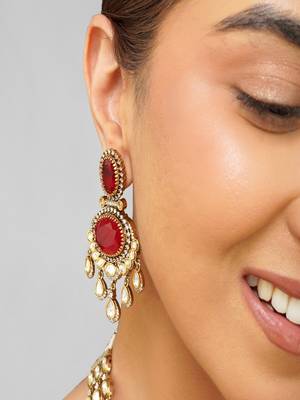 Gold plated kundan red stone necklace set 4
