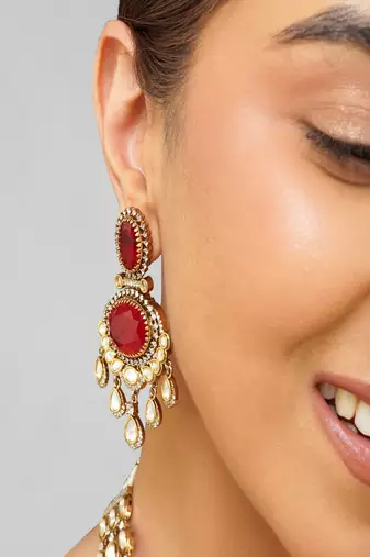Gold plated kundan red stone necklace set