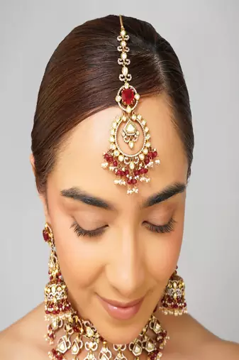 Gold plated kundan red stone necklace set