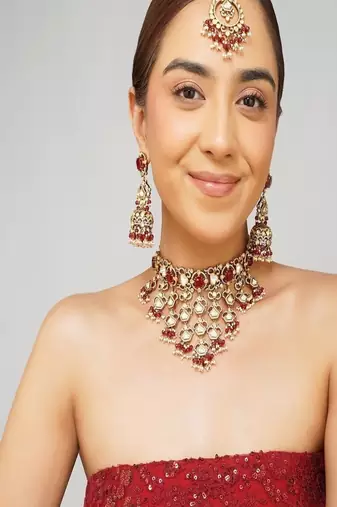 Gold plated kundan red stone necklace set
