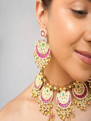 Gold plated kundan pink stone necklace set 2