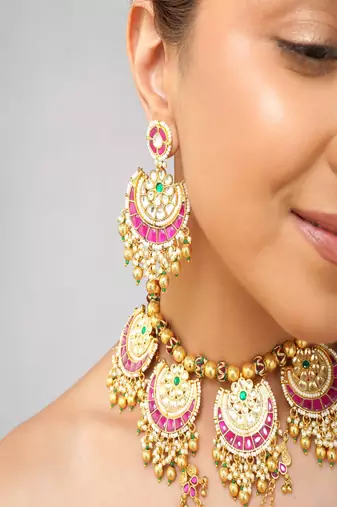 Gold plated kundan pink stone necklace set