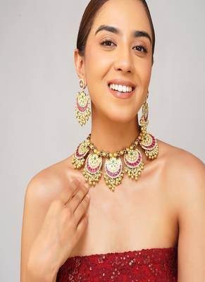 Gold plated kundan pink stone necklace set 1