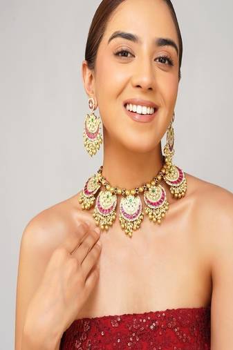 Gold plated kundan pink stone necklace set