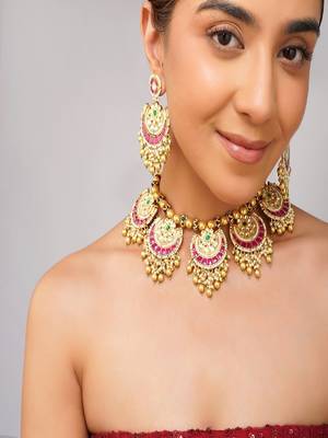 Gold plated kundan pink stone necklace set 3